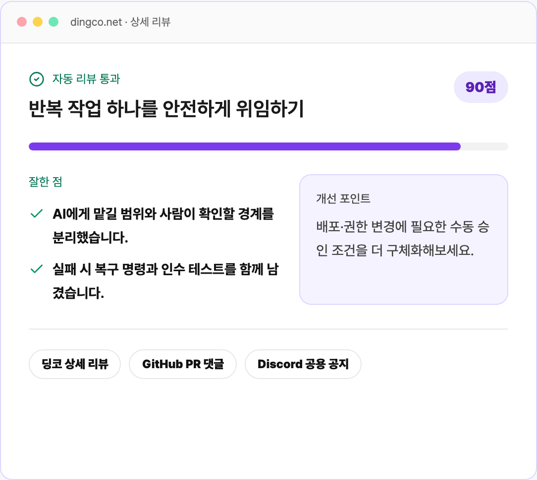 90점 자동 리뷰와 잘한 점, 개선 포인트, 딩코와 GitHub PR에서 확인할 위치가 보이는 상세 리뷰 화면