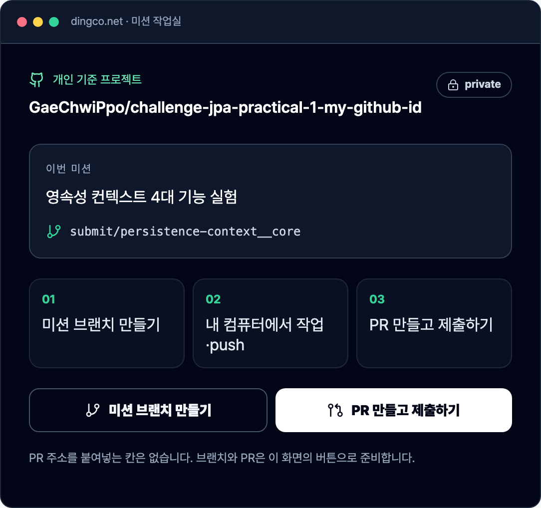 영속성 컨텍스트 4대 기능 실험 미션과 개인 private 저장소, 미션 브랜치 만들기 및 PR 제출 버튼이 보이는 딩코 미션 작업실 화면