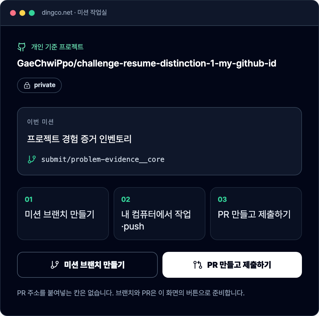 기준 프로젝트에서 문제 상황을 만들고 수치화 패턴으로 쓰기 미션과 개인 private 저장소, 미션 브랜치 만들기 및 PR 제출 버튼이 보이는 딩코 미션 작업실 화면