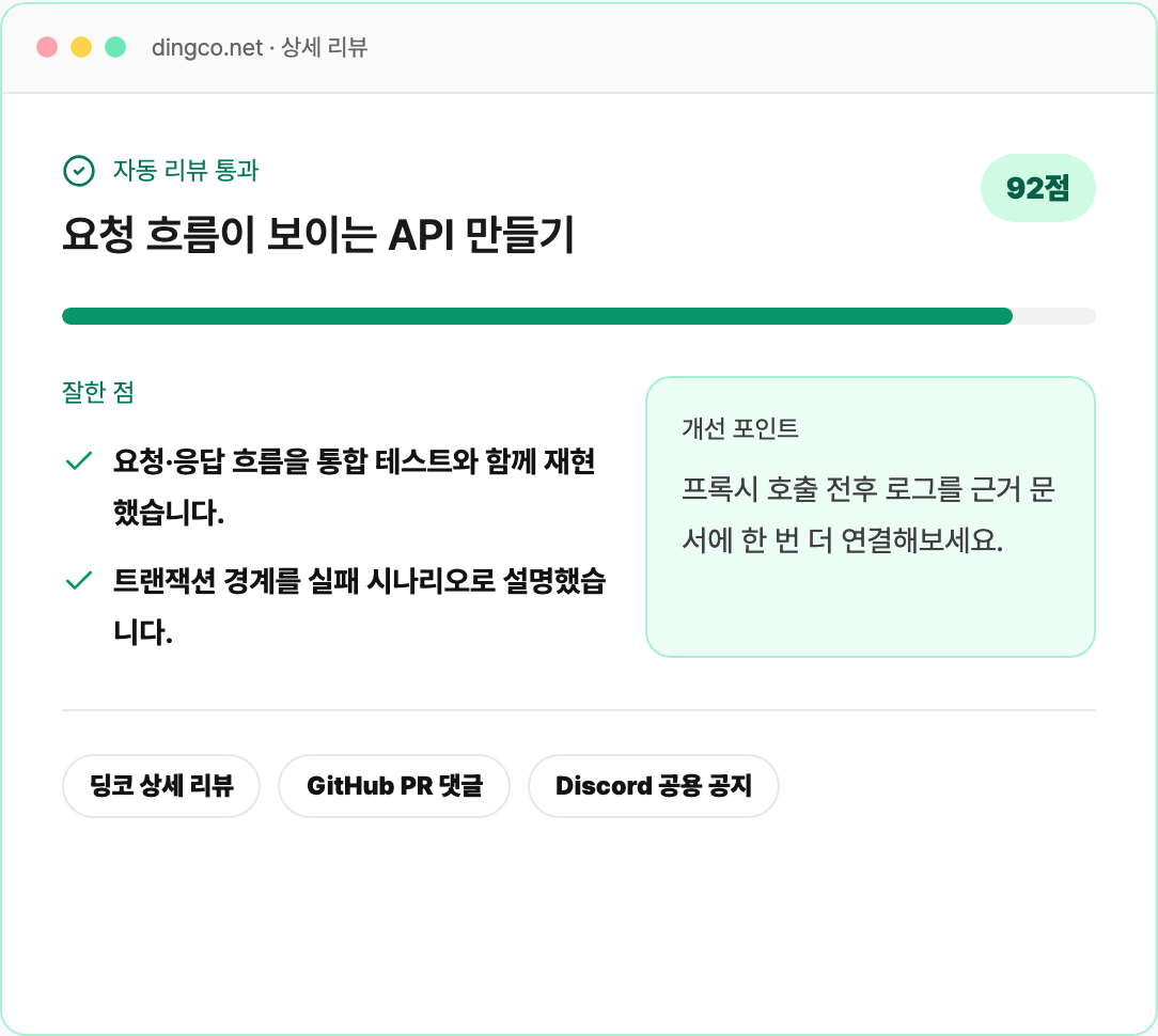 92점 자동 리뷰와 잘한 점, 개선 포인트, 딩코·GitHub·Discord 표시 위치가 보이는 상세 리뷰 화면